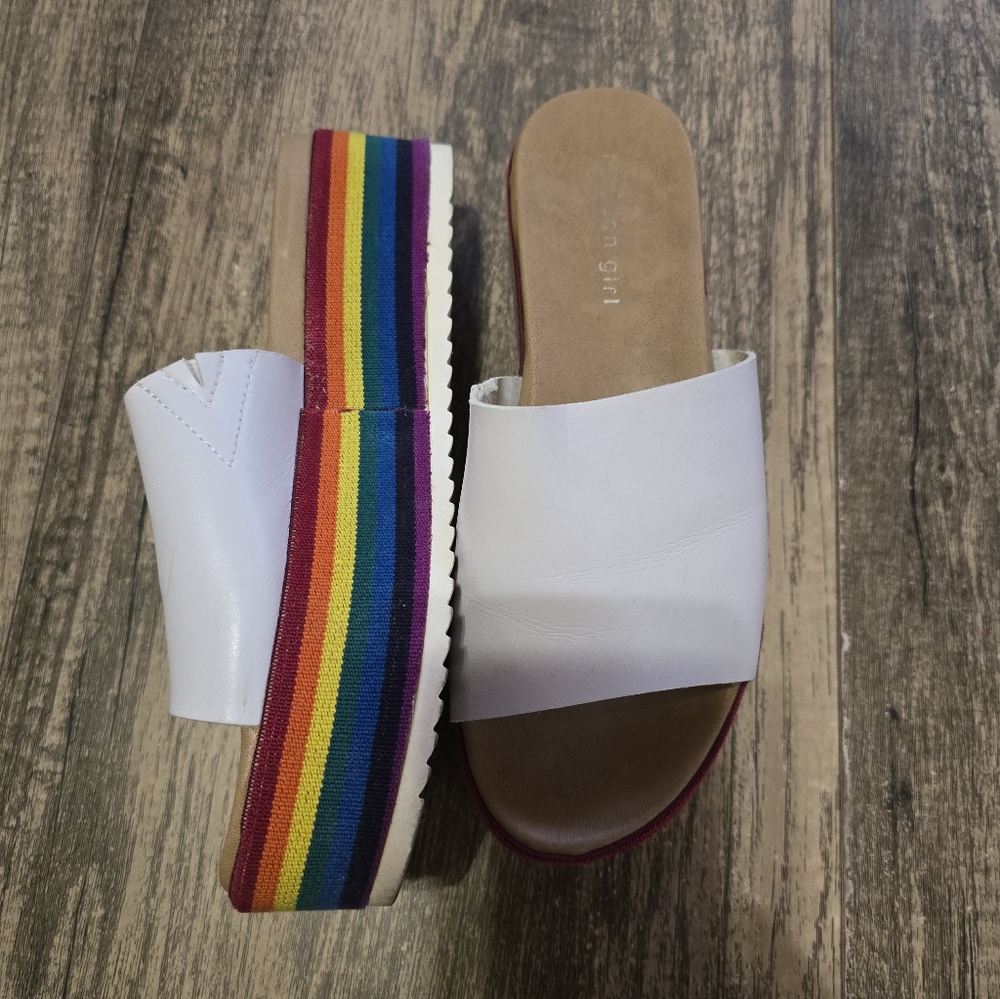 Madden Girl White Platform Slide Mules with Rainbow Sole